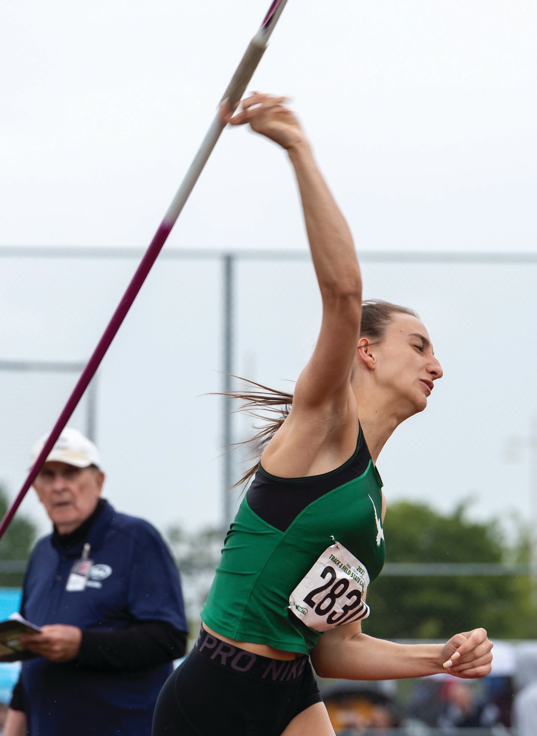 Tumwater's Natalie Sumrok heaves a javelin in the 2A Girls Javelin at the 2A/3A/4A State Track and Field Championships on Thursday, May 26, 2022, at Mount Tahoma High School in Tacoma. (Joshua Hart/For The Chronicle)